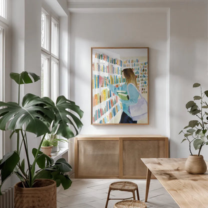 Never Enough Books II by Mercedes Lopez Charro. shown as a print in a natural wood frame in a dining room. Available as a archival giclee rolled canvas, fine art paper, or poster print. SKU 98645h.