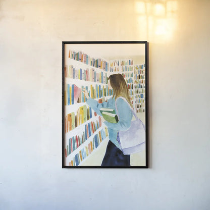 Never Enough Books II by Mercedes Lopez Charro. shown as a paper print in a black flame. Available as a archival giclee rolled canvas, fine art paper, or poster print. SKU 98645h.
