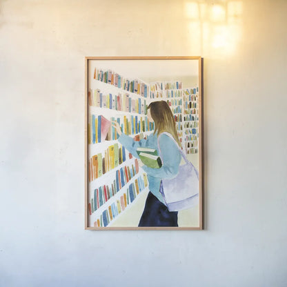 Never Enough Books II by Mercedes Lopez Charro. shown as a paper print in a natural frame. Available as a archival giclee rolled canvas, fine art paper, or poster print. SKU 98645h.