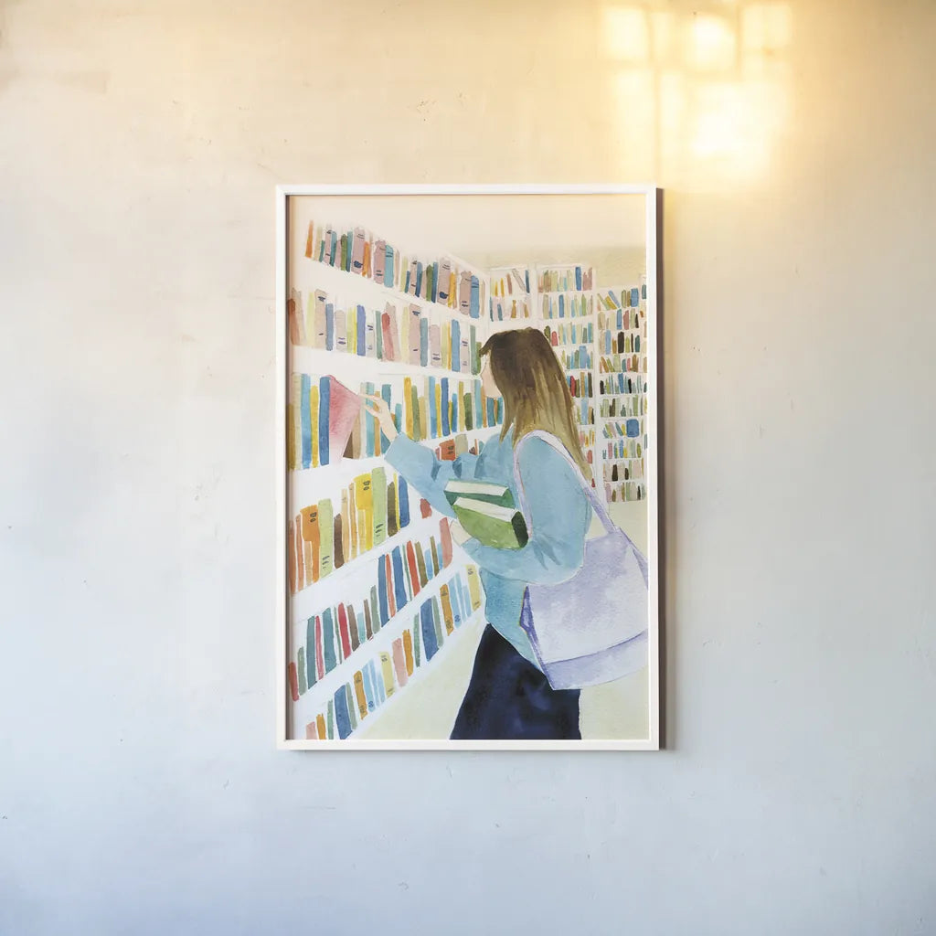 Never Enough Books II by Mercedes Lopez Charro. shown as a paper print in a white frame. Available as a archival giclee rolled canvas, fine art paper, or poster print. SKU 98645h.
