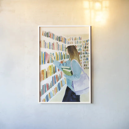 Never Enough Books II by Mercedes Lopez Charro. shown as a paper print in a white frame. Available as a archival giclee rolled canvas, fine art paper, or poster print. SKU 98645h.