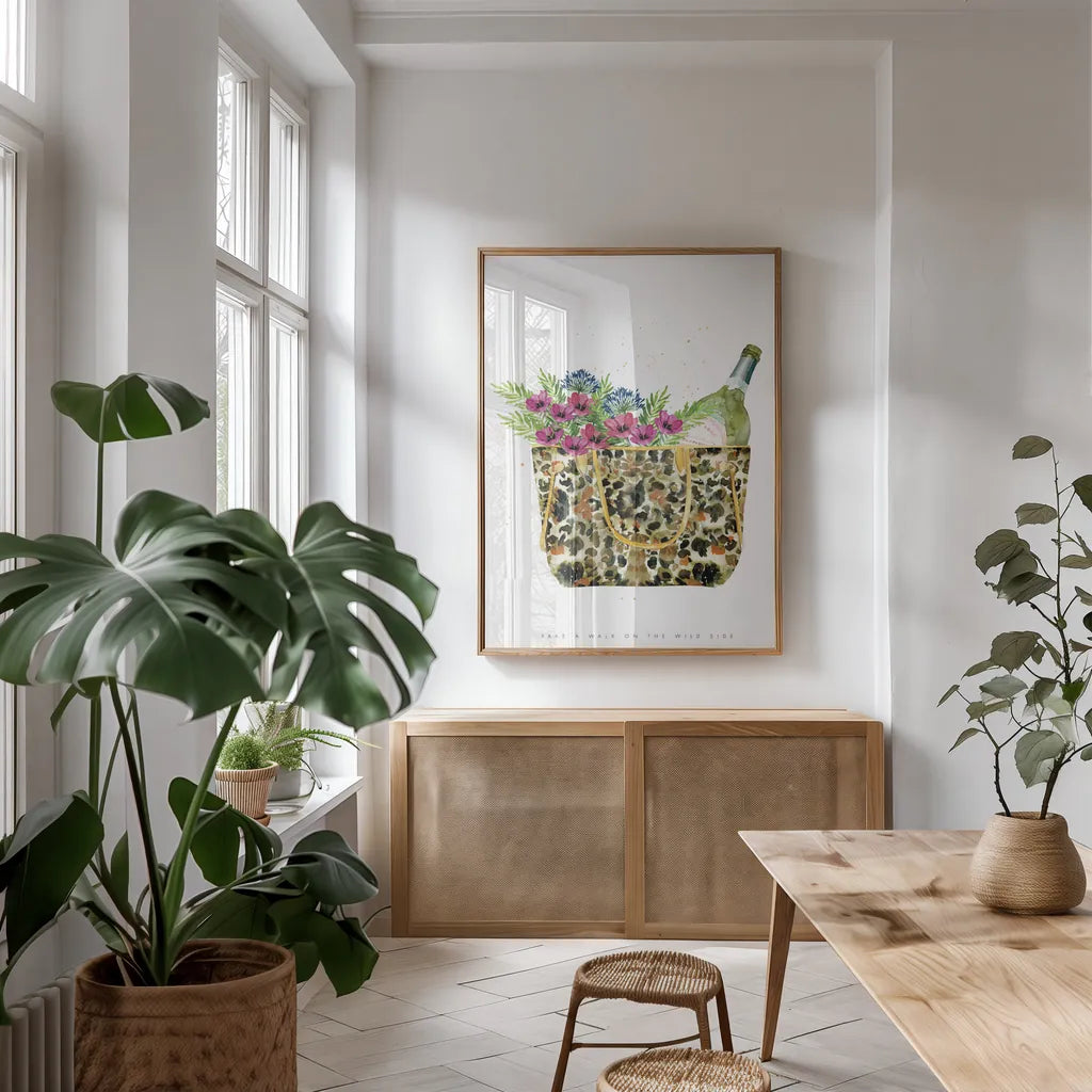 On the Wild Side IV by Mercedes Lopez Charro. shown as a print in a natural wood frame in a dining room. Available as a archival giclee rolled canvas, fine art paper, or poster print. SKU 70153h.