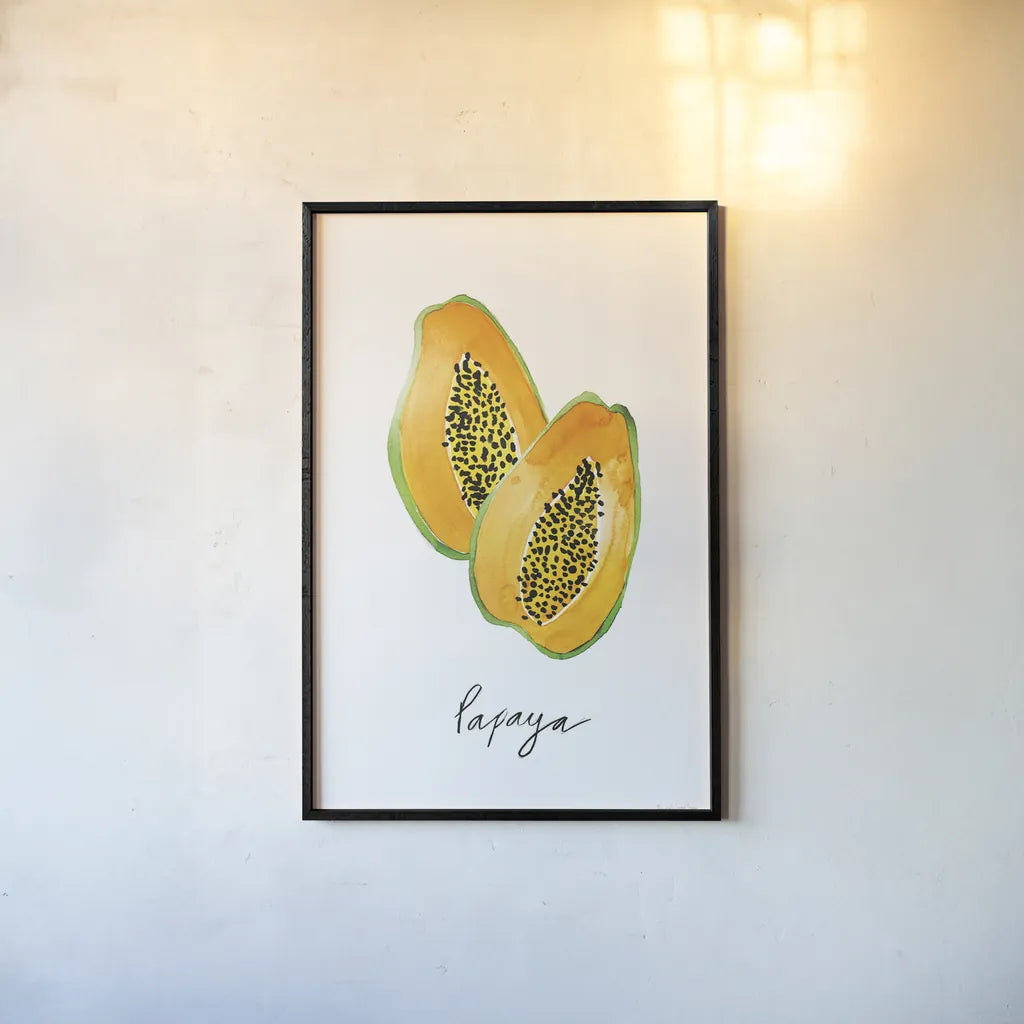 Papayas by Mercedes Lopez Charro. shown as a paper print in a black flame. Available as a archival giclee rolled canvas, fine art paper, or poster print. SKU 67133h.