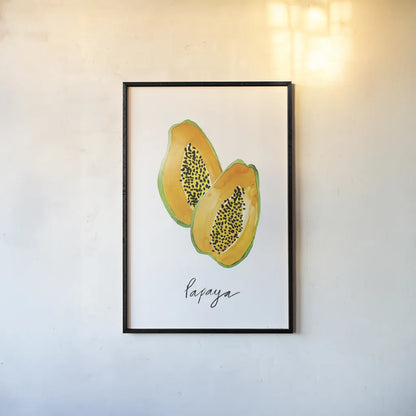 Papayas by Mercedes Lopez Charro. shown as a paper print in a black flame. Available as a archival giclee rolled canvas, fine art paper, or poster print. SKU 67133h.