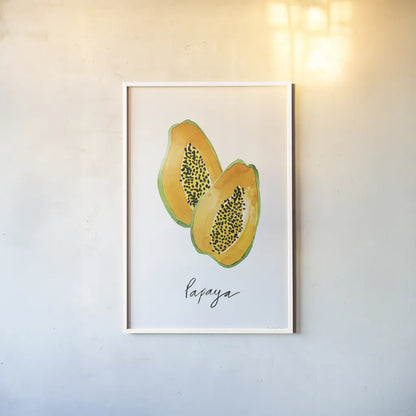 Papayas by Mercedes Lopez Charro. shown as a paper print in a white frame. Available as a archival giclee rolled canvas, fine art paper, or poster print. SKU 67133h.