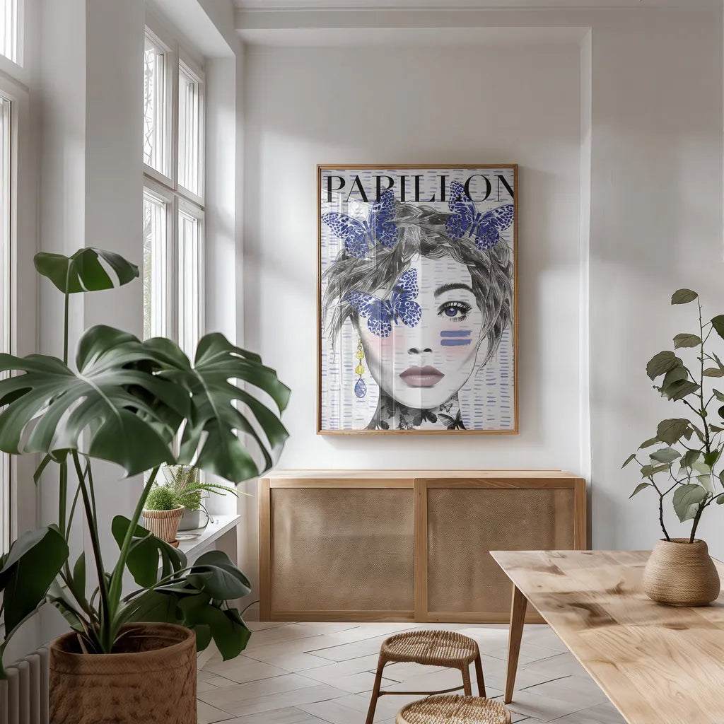 Papillon by Mercedes Lopez Charro. shown as a print in a natural wood frame in a dining room. Available as a archival giclee rolled canvas, fine art paper, or poster print. SKU 64613h.