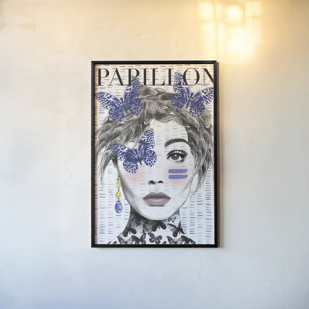 Papillon by Mercedes Lopez Charro. shown as a paper print in a black flame. Available as a archival giclee rolled canvas, fine art paper, or poster print. SKU 64613h.