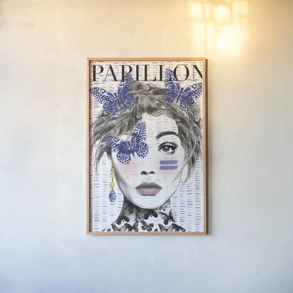 Papillon by Mercedes Lopez Charro. shown as a paper print in a natural frame. Available as a archival giclee rolled canvas, fine art paper, or poster print. SKU 64613h.