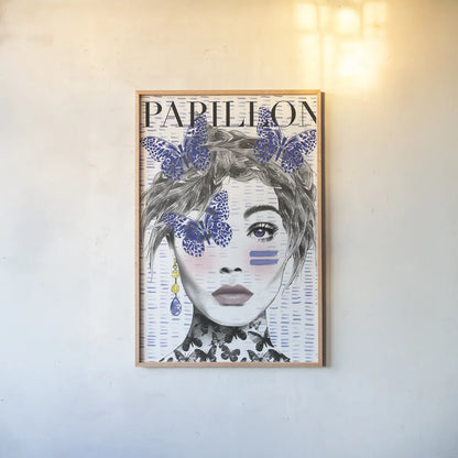 Papillon by Mercedes Lopez Charro. shown as a paper print in a natural frame. Available as a archival giclee rolled canvas, fine art paper, or poster print. SKU 64613h.