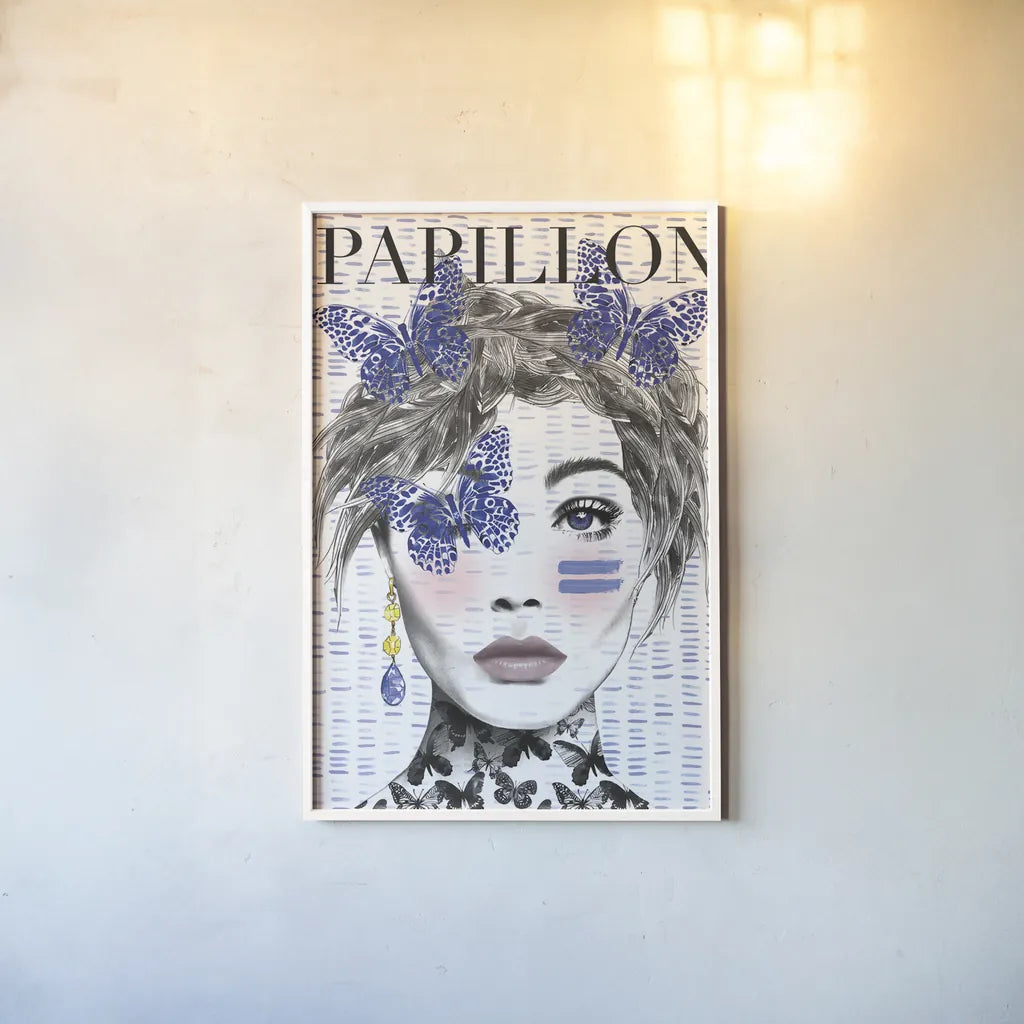 Papillon by Mercedes Lopez Charro. shown as a paper print in a white frame. Available as a archival giclee rolled canvas, fine art paper, or poster print. SKU 64613h.