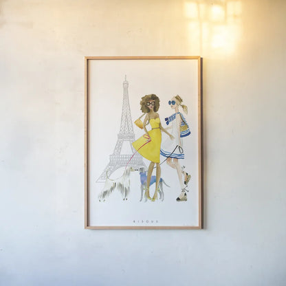 Paris Girlfriend I by Mercedes Lopez Charro. shown as a paper print in a natural frame. Available as a archival giclee rolled canvas, fine art paper, or poster print. SKU 74419h.