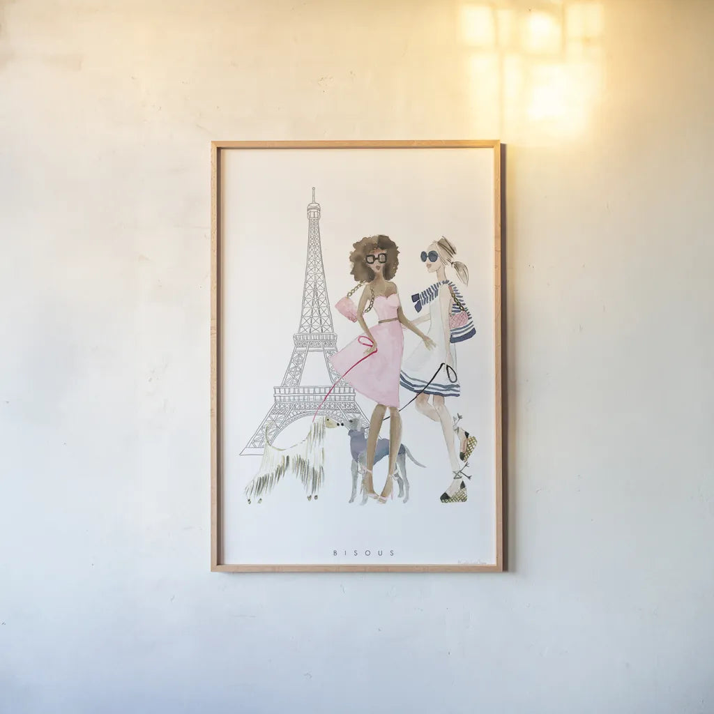 Paris Girlfriends I Pastel by Mercedes Lopez Charro. shown as a paper print in a natural frame. Available as a archival giclee rolled canvas, fine art paper, or poster print. SKU 77186h.