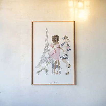 Paris Girlfriends I Pastel by Mercedes Lopez Charro. shown as a paper print in a natural frame. Available as a archival giclee rolled canvas, fine art paper, or poster print. SKU 77186h.