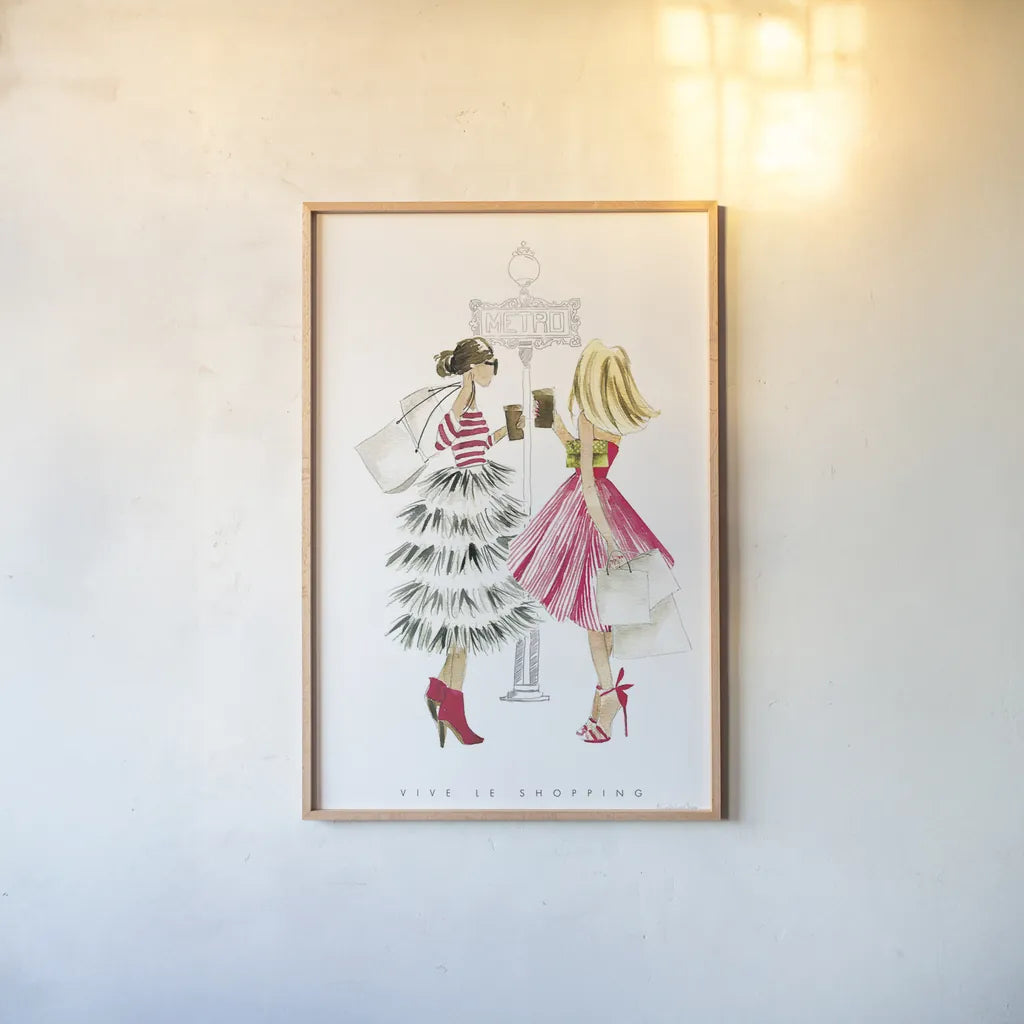 Paris Girlfriends II by Mercedes Lopez Charro. shown as a paper print in a natural frame. Available as a archival giclee rolled canvas, fine art paper, or poster print. SKU 74420h.