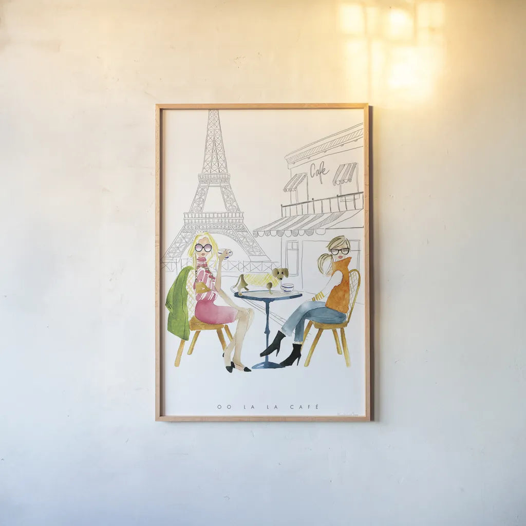 Paris Girlfriends III by Mercedes Lopez Charro. shown as a paper print in a natural frame. Available as a archival giclee rolled canvas, fine art paper, or poster print. SKU 74421h.