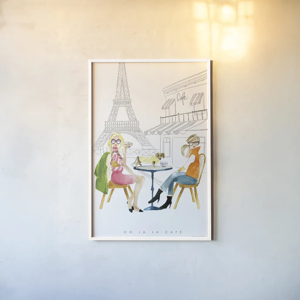 Paris Girlfriends III by Mercedes Lopez Charro. shown as a paper print in a white frame. Available as a archival giclee rolled canvas, fine art paper, or poster print. SKU 74421h.