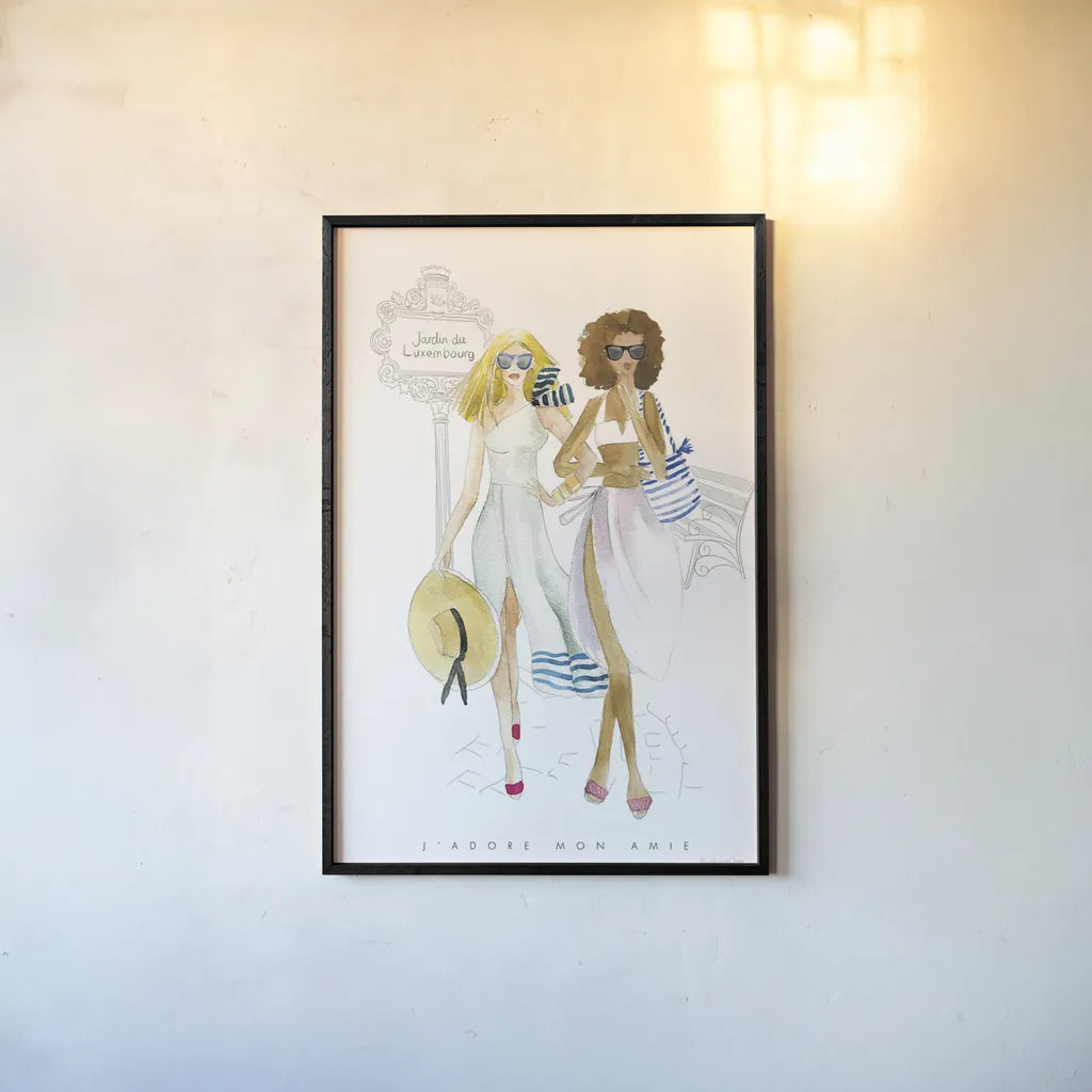 Paris Girlfriends IV by Mercedes Lopez Charro. shown as a paper print in a black flame. Available as a archival giclee rolled canvas, fine art paper, or poster print. SKU 74422h.