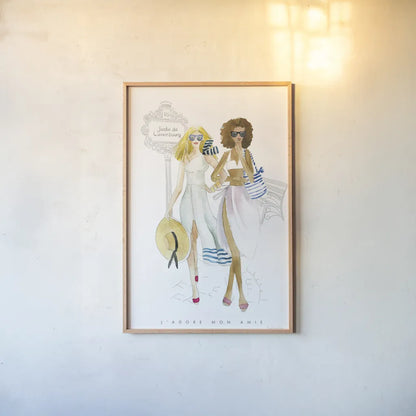 Paris Girlfriends IV by Mercedes Lopez Charro. shown as a paper print in a natural frame. Available as a archival giclee rolled canvas, fine art paper, or poster print. SKU 74422h.