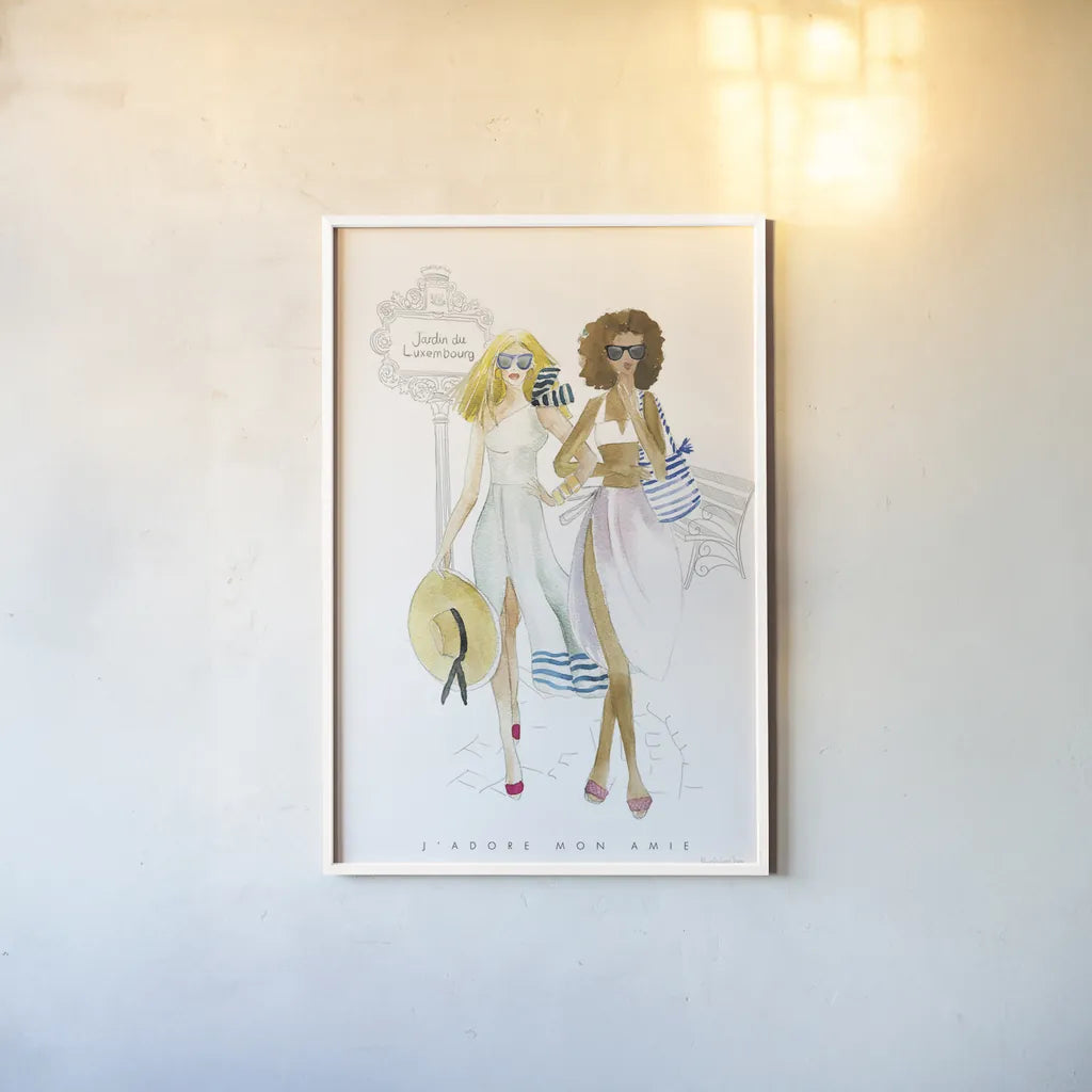 Paris Girlfriends IV by Mercedes Lopez Charro. shown as a paper print in a white frame. Available as a archival giclee rolled canvas, fine art paper, or poster print. SKU 74422h.