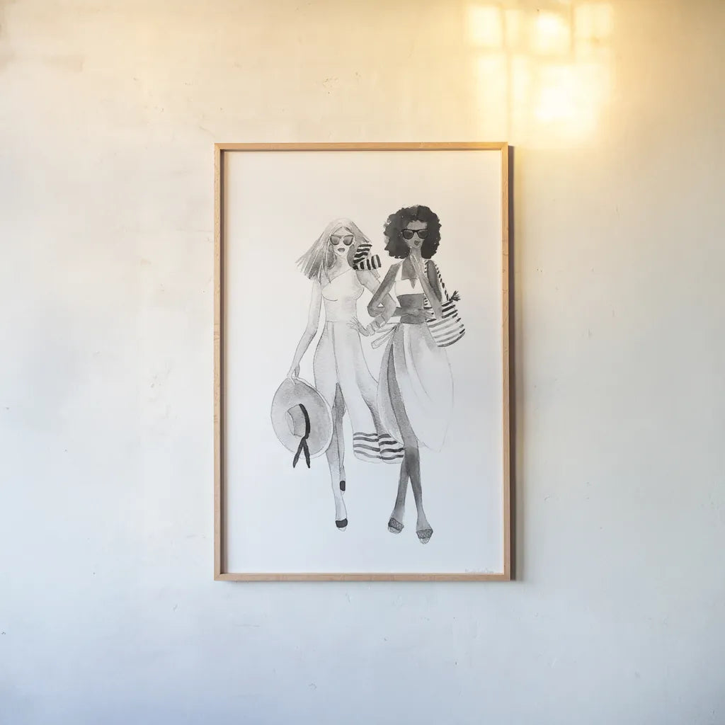 Paris Girlfriends IV BW by Mercedes Lopez Charro. shown as a paper print in a natural frame. Available as a archival giclee rolled canvas, fine art paper, or poster print. SKU 79095h.
