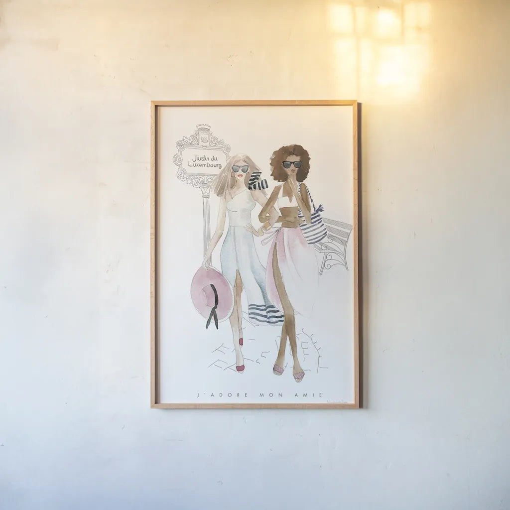 Paris Girlfriends IV Pastel by Mercedes Lopez Charro. shown as a paper print in a natural frame. Available as a archival giclee rolled canvas, fine art paper, or poster print. SKU 77188h.