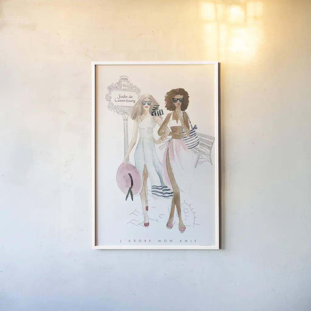Paris Girlfriends IV Pastel by Mercedes Lopez Charro. shown as a paper print in a white frame. Available as a archival giclee rolled canvas, fine art paper, or poster print. SKU 77188h.