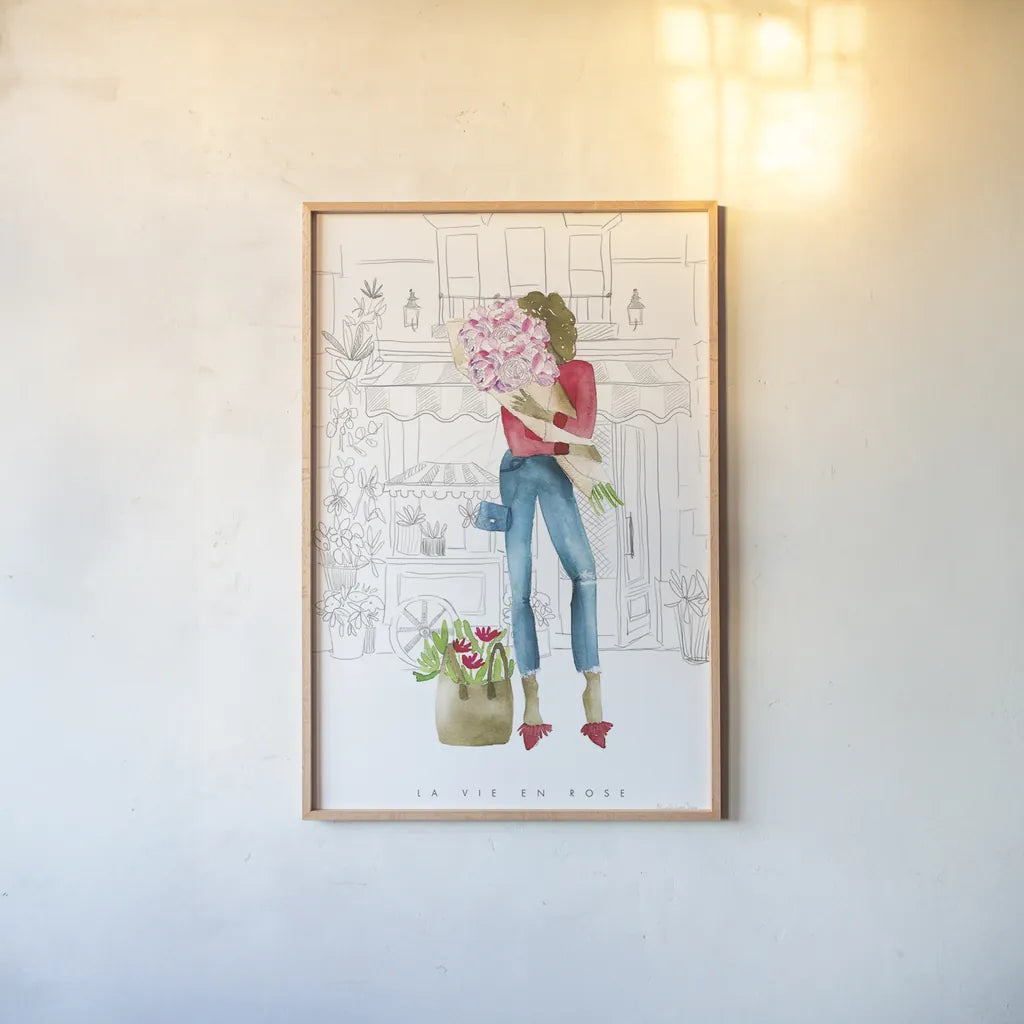 Paris Girlfriends V by Mercedes Lopez Charro. shown as a paper print in a natural frame. Available as a archival giclee rolled canvas, fine art paper, or poster print. SKU 74423h.