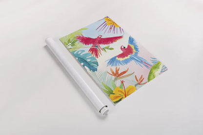 Parrots and Palms I by Mercedes Lopez Charro. shown as a rolled paper print. Available as archival giclee rolled canvas, fine art paper, or poster print. SKU 85827h.
