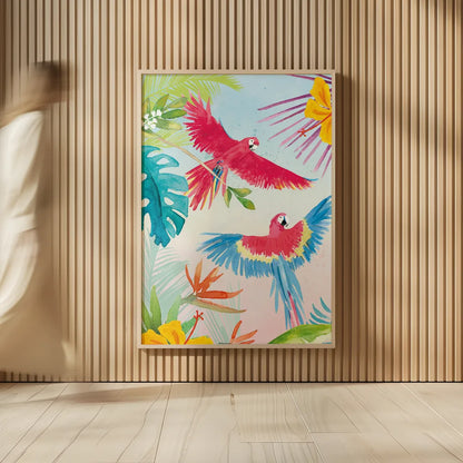 Parrots and Palms I by Mercedes Lopez Charro. shown as over sized large wall art. Available as an archival giclee rolled canvas, fine art paper, or poster print. SKU 85827h.