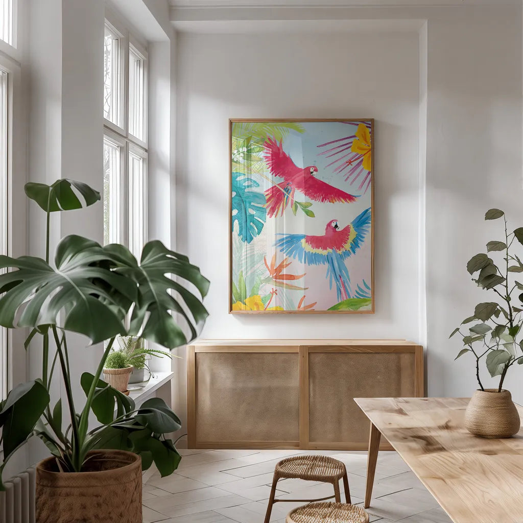Parrots and Palms I by Mercedes Lopez Charro. shown as a print in a natural wood frame in a dining room. Available as a archival giclee rolled canvas, fine art paper, or poster print. SKU 85827h.