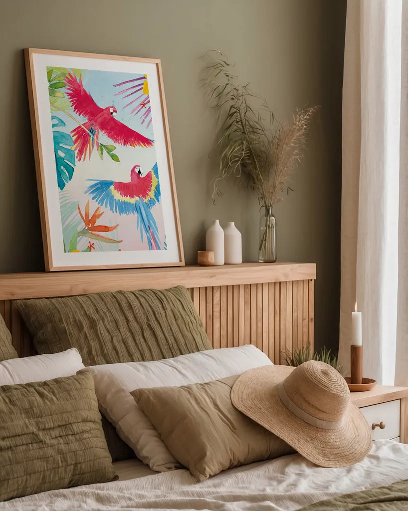 Parrots and Palms I by Mercedes Lopez Charro. shown as a paper print in a natural frame. Available as a archival giclee rolled canvas, fine art paper, or poster print. SKU 85827h.