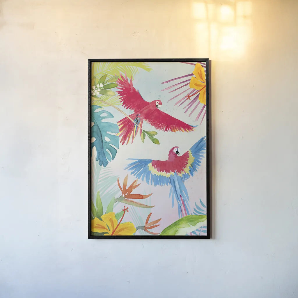 Parrots and Palms I by Mercedes Lopez Charro. shown as a paper print in a black flame. Available as a archival giclee rolled canvas, fine art paper, or poster print. SKU 85827h.