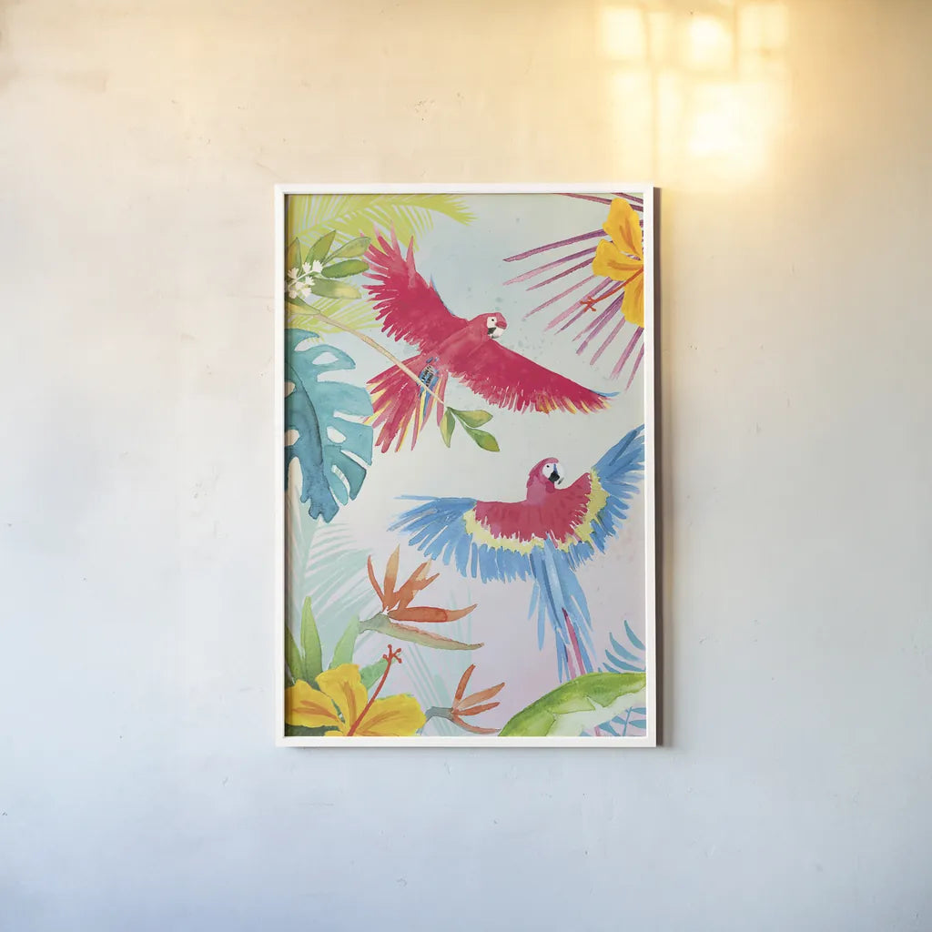 Parrots and Palms I by Mercedes Lopez Charro. shown as a paper print in a white frame. Available as a archival giclee rolled canvas, fine art paper, or poster print. SKU 85827h.