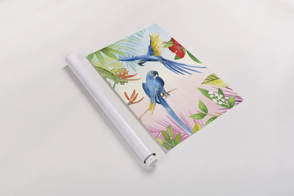 Parrots and Palms II by Mercedes Lopez Charro. shown as a rolled paper print. Available as archival giclee rolled canvas, fine art paper, or poster print. SKU 85828h.