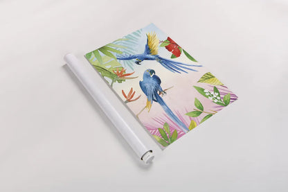 Parrots and Palms II by Mercedes Lopez Charro. shown as a rolled paper print. Available as archival giclee rolled canvas, fine art paper, or poster print. SKU 85828h.