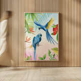 Parrots and Palms II by Mercedes Lopez Charro. shown as over sized large wall art. Available as an archival giclee rolled canvas, fine art paper, or poster print. SKU 85828h.