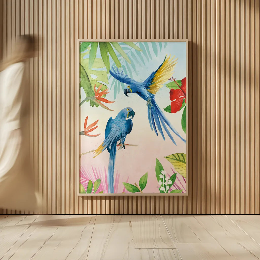 Parrots and Palms II by Mercedes Lopez Charro. shown as over sized large wall art. Available as an archival giclee rolled canvas, fine art paper, or poster print. SKU 85828h.