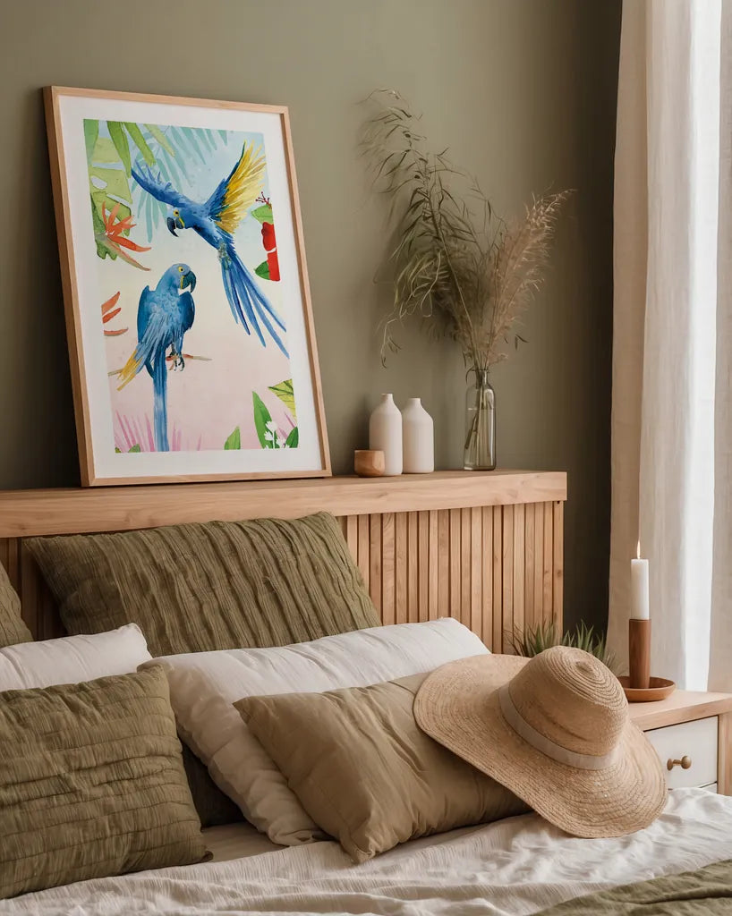 Parrots and Palms II by Mercedes Lopez Charro. shown as a paper print in a natural frame. Available as a archival giclee rolled canvas, fine art paper, or poster print. SKU 85828h.