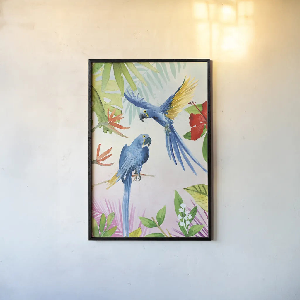 Parrots and Palms II by Mercedes Lopez Charro. shown as a paper print in a black flame. Available as a archival giclee rolled canvas, fine art paper, or poster print. SKU 85828h.