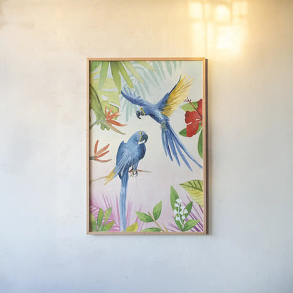 Parrots and Palms II by Mercedes Lopez Charro. shown as a paper print in a natural frame. Available as a archival giclee rolled canvas, fine art paper, or poster print. SKU 85828h.
