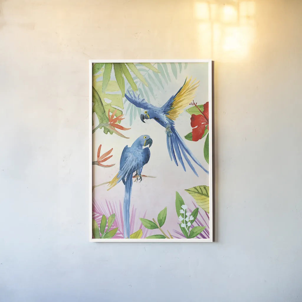Parrots and Palms II by Mercedes Lopez Charro. shown as a paper print in a white frame. Available as a archival giclee rolled canvas, fine art paper, or poster print. SKU 85828h.