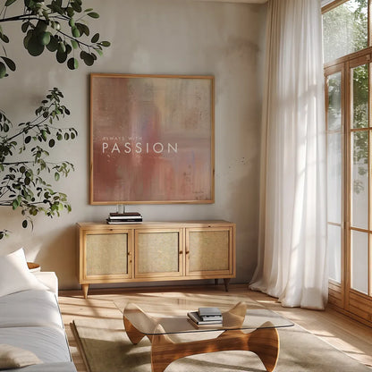 Passion by Mercedes Lopez Charro. Shown in a natural wood frame in a cozy modern living room. Available as an archival giclee rolled canvas, fine art paper, or poster print. SKU 67822a.