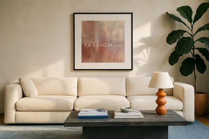 Passion by Mercedes Lopez Charro. Displayed in a glass frame with matte in a clean modern living room. Available as an archival giclee rolled canvas, fine art paper, or poster print. SKU 67822a.