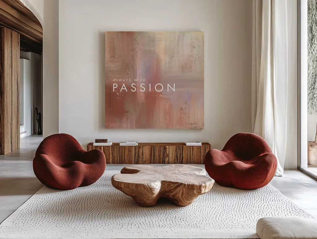 Passion by Mercedes Lopez Charro. Shown as extra-large giant wall art in a modern living room. Available as an archival giclee rolled canvas, fine art paper, or poster print. SKU 67822a.