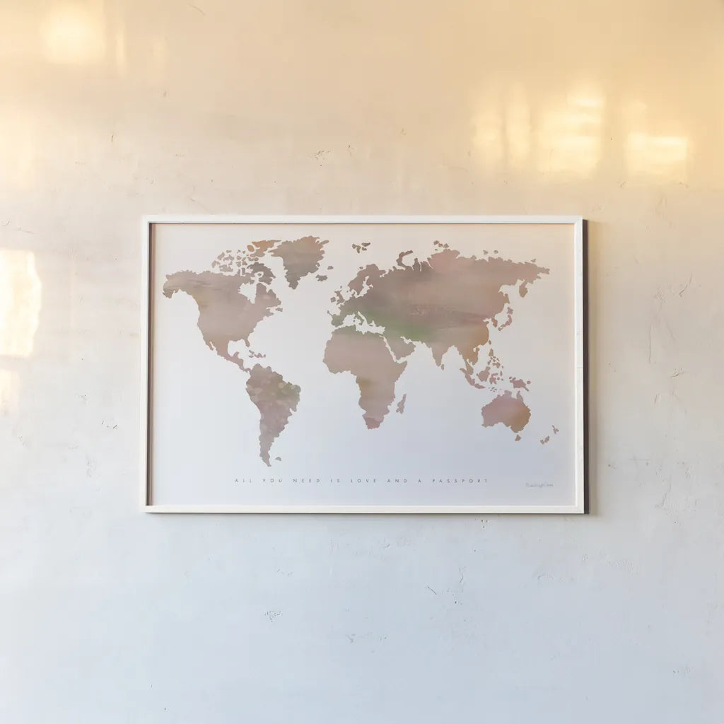 Passport to the World by Mercedes Lopez Charro. shown as a paper print in a white frame. Available as a archival giclee rolled canvas, fine art paper, or poster print. SKU 71324i.