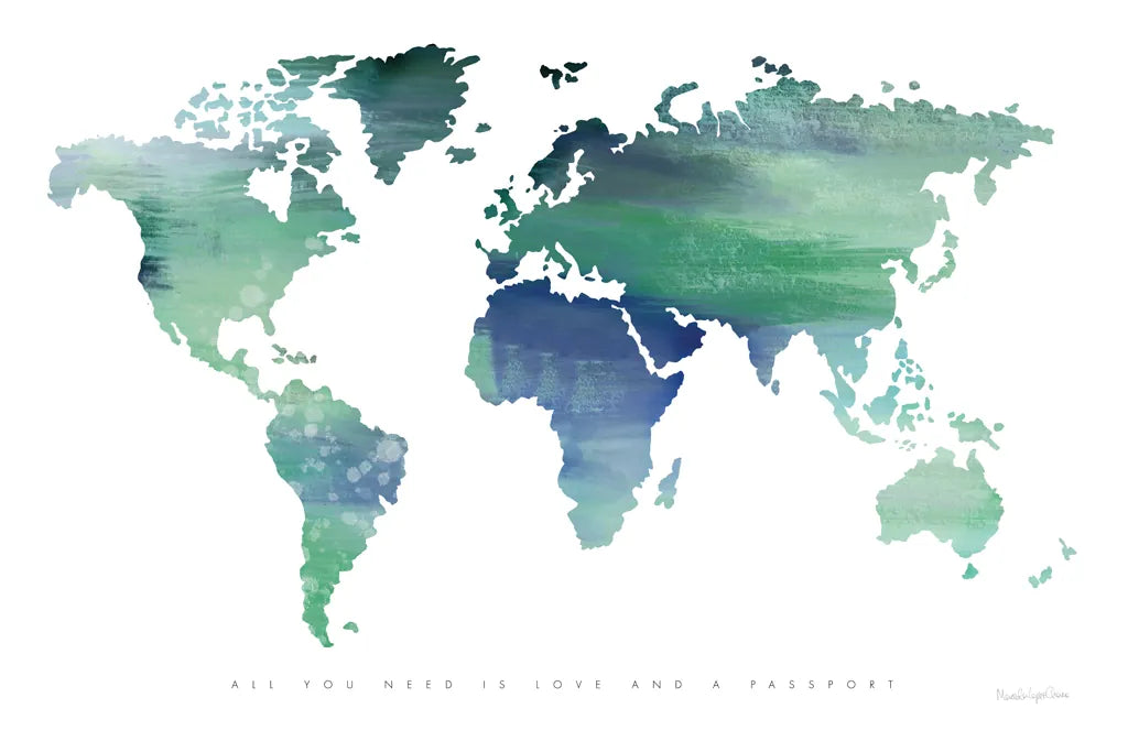 Passport to the World Blue by Mercedes Lopez Charro. SKU 71325i. Archival Giclee Fine art print for wall decor.