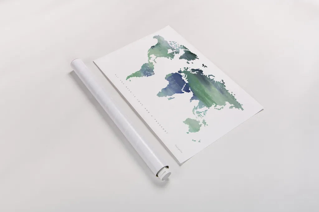 Passport to the World Blue by Mercedes Lopez Charro. shown as a rolled paper print. Available as archival giclee rolled canvas, fine art paper, or poster print. SKU 71325i.