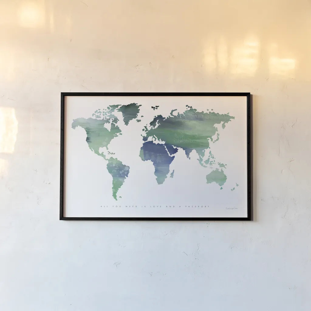 Passport to the World Blue by Mercedes Lopez Charro. shown as a paper print in a black flame. Available as a archival giclee rolled canvas, fine art paper, or poster print. SKU 71325i.