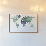 Passport to the World Blue by Mercedes Lopez Charro. shown as a paper print in a natural frame. Available as a archival giclee rolled canvas, fine art paper, or poster print. SKU 71325i.