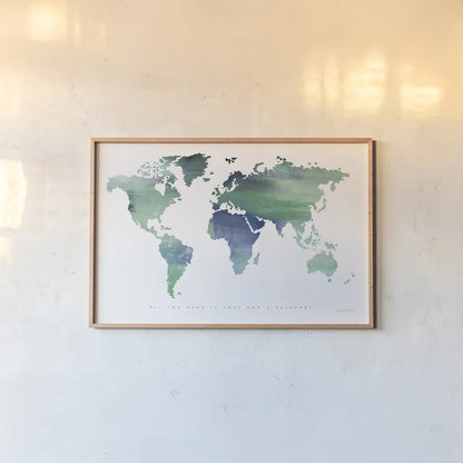 Passport to the World Blue by Mercedes Lopez Charro. shown as a paper print in a natural frame. Available as a archival giclee rolled canvas, fine art paper, or poster print. SKU 71325i.